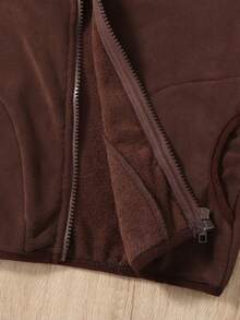 1pc Young Boy Casual Minimalist Sports Style Comfortable Brown Fleece Long Sleeve Jacket, Spring/Autumn