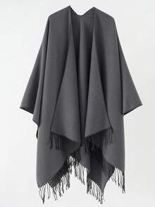 1pc Women's Solid Color Faux Cashmere Fringe Oversized Shawl Collar Open Front Warm Cloak Cape For Dress - Grey - View 5