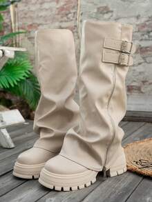 2025新款女式制服靴，真皮圆头粗跟防水厚底过膝靴，四季皆宜，褶裥筒状设计，侧拉链和搭扣，时尚米色女士高筒靴，尺码偏小一码 - 米色 - 查看 6