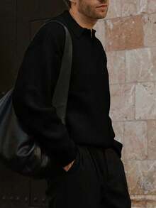 Men's Ribbed Knit Polo Neck Sweater, Casual Loose Fit Pullover, Suitable For Autumn And Winter - màu đen - Xem 3