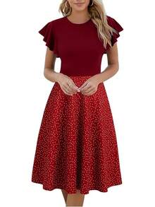 Women's Semi-Formal Ruffle Sleeve V-Back Work Fit And Flare Cocktail Knee Length Dress With Pockets, 2025 Style - 橘子點 - 查看 1