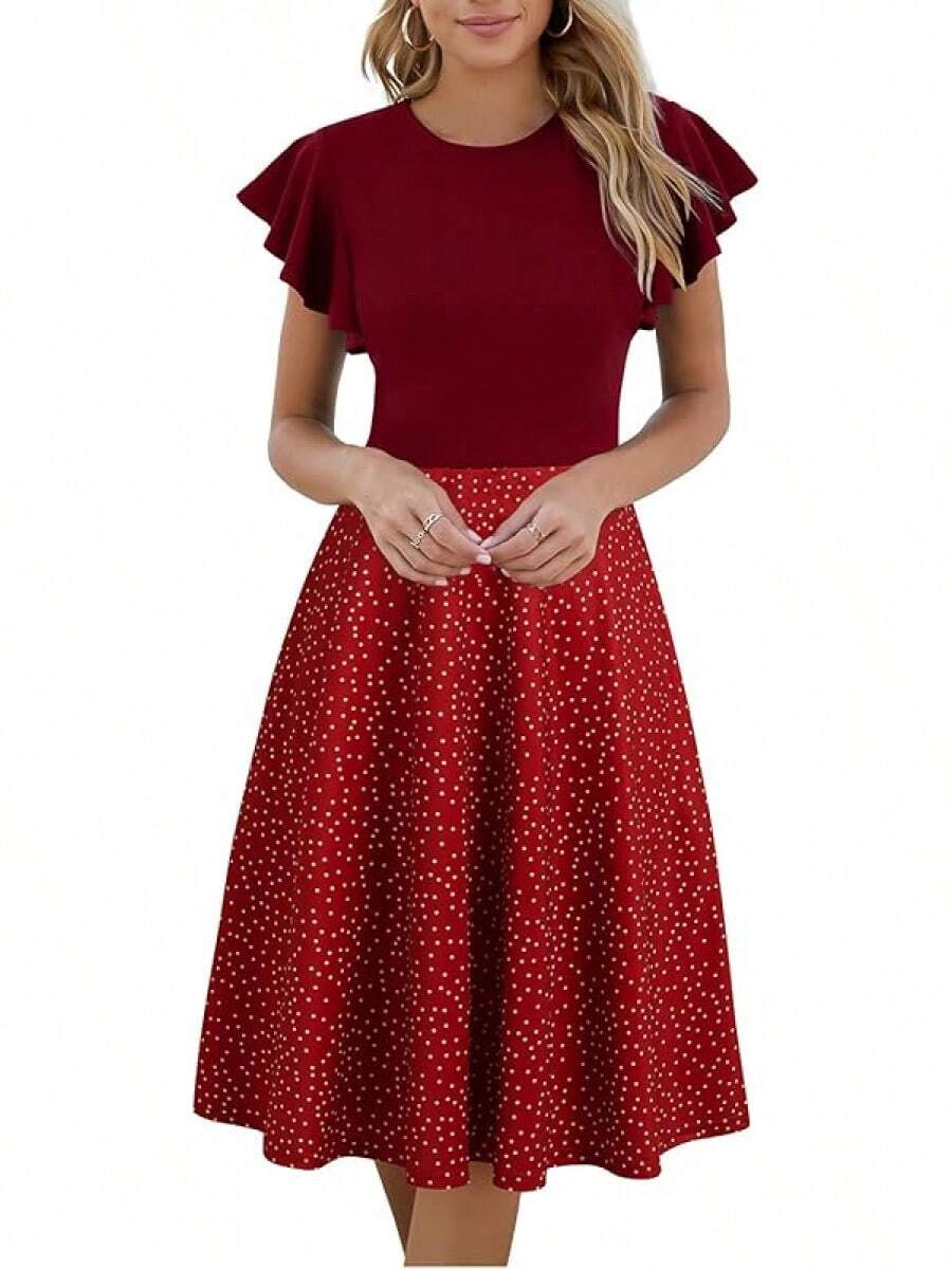 Women's Semi-Formal Ruffle Sleeve V-Back Work Fit And Flare Cocktail Knee Length Dress With Pockets, 2025 Style - 橘子點 - 查看 1