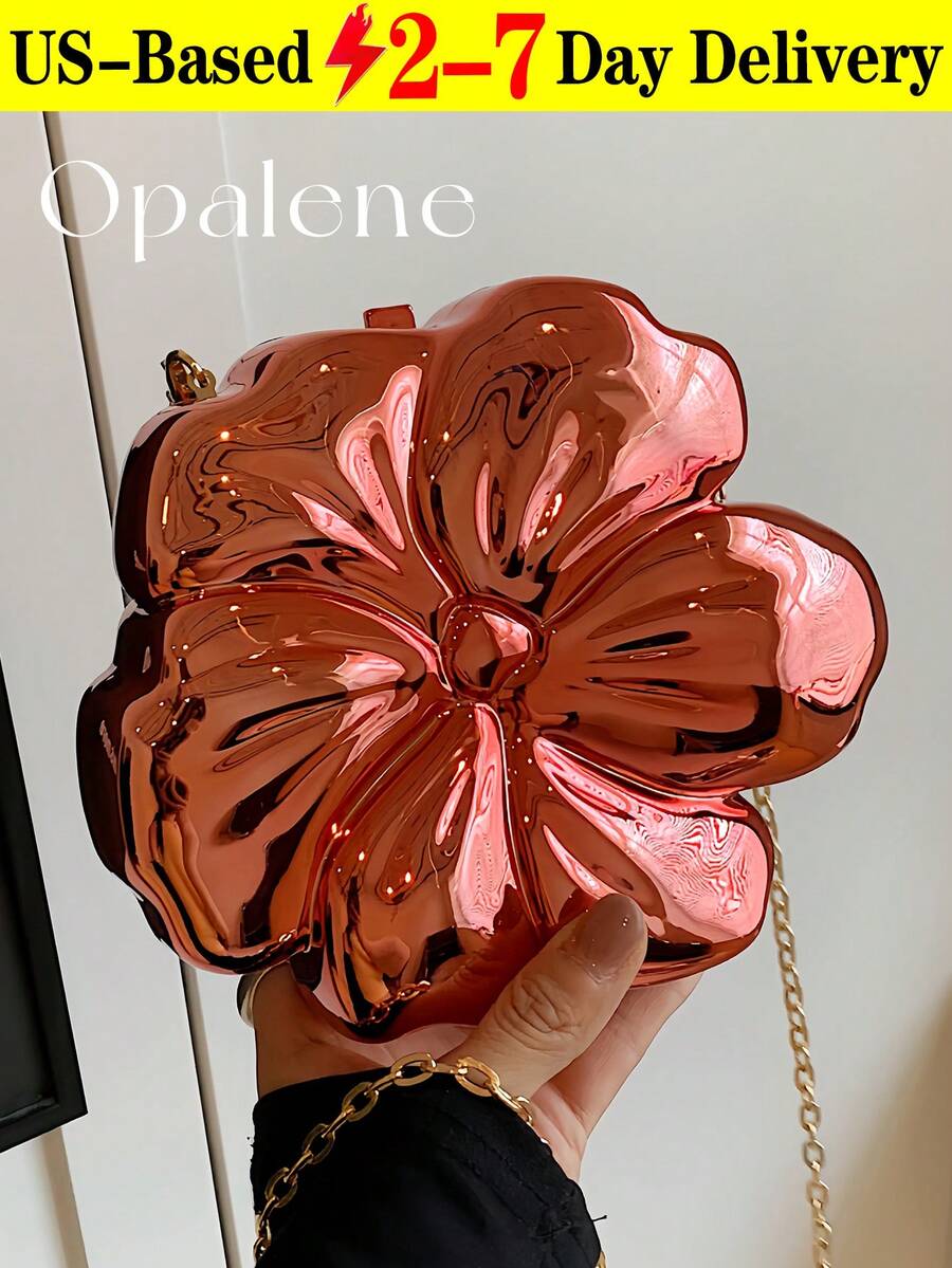 Women's Elegant Mini Flower Shaped Chain Crossbody Bag, Metallic Y2K Style Theme Party Shoulder Bag, Fashionable Novelty Shaped Bags, Versatile Small Mobile Phone Key Coin Purse, Portable Outdoor Travel Vacation Cosmetic Bags, Wear-Resistant Solid-Color Clutch Bag - 紅色 - 查看 1