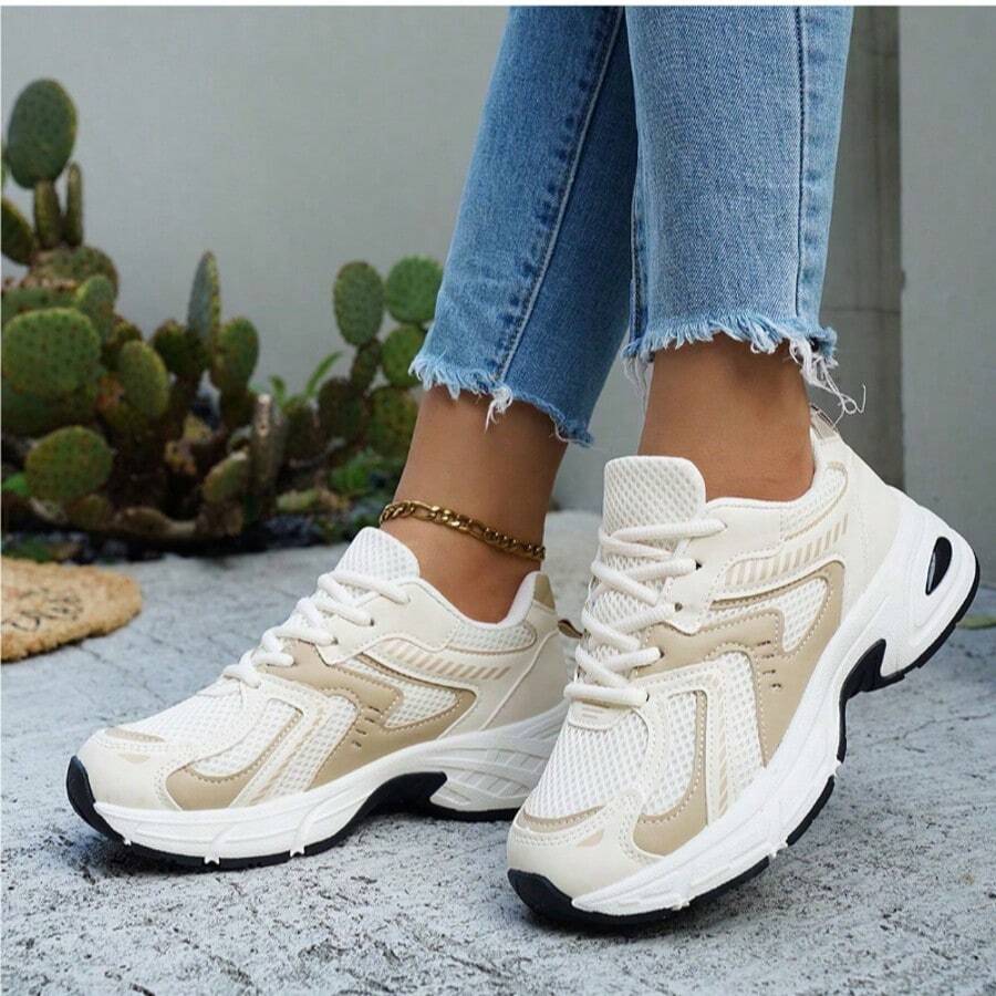 Women's New Thick Sole Sneakers, Lightweight Casual Shoes, Small White Shoes, Tennis Shoes, Versatile Running Shoes, Cute & Fashionable Lightweight Chunky Sneakers - 米色 - 查看 1