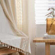 Boho Curtain Crochet Dots Patchwork Semi-Blackout Bohemian Handmade Tassels, Rod Pocket Window Treatment Vintage Rustic Farmhouse Drapes For Living Bedroom, 1 Panel 59" W X 96" L, Beige - 米色圓點拼布59Wx96L一包 - 查看 6