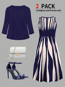 Conjunto de 2 piezas de mujer talla grande con chaqueta tipo cárdigan de manga 3/4 con lazo delantero y vestido asimétrico de cuello redondo sin mangas con estampado de rayas, elegante para otoño/invierno primavera verano - Azul Marino - Ver 4