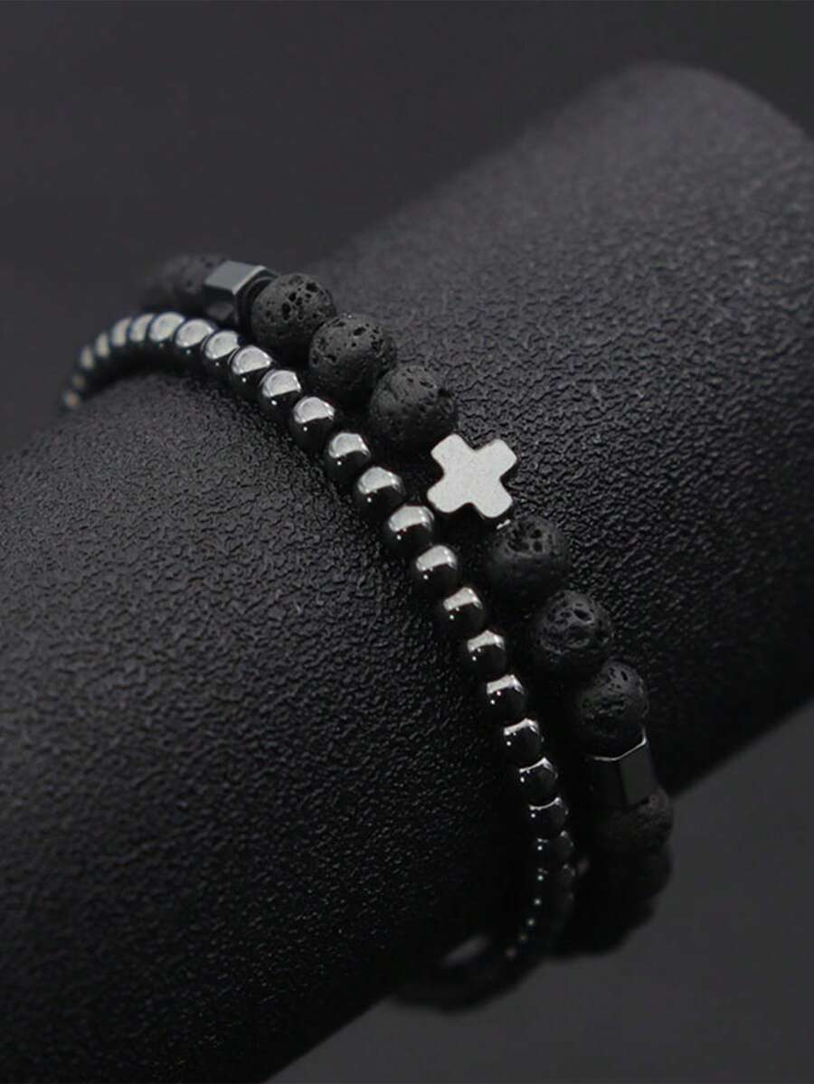 2pcs Men's Bracelet Set, Natural Agate, Hematite, Cross Beaded Bracelet, Featuring Natural Lava, Tiger Eye, Red Pine, Volcano Stone, Vintage Gentleman Style, Suitable For Daily Wear