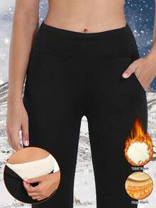1 pieza Leggings térmicos de cintura alta para mujer en invierno, con bolsillos, lavables a máquina, de tela de punto