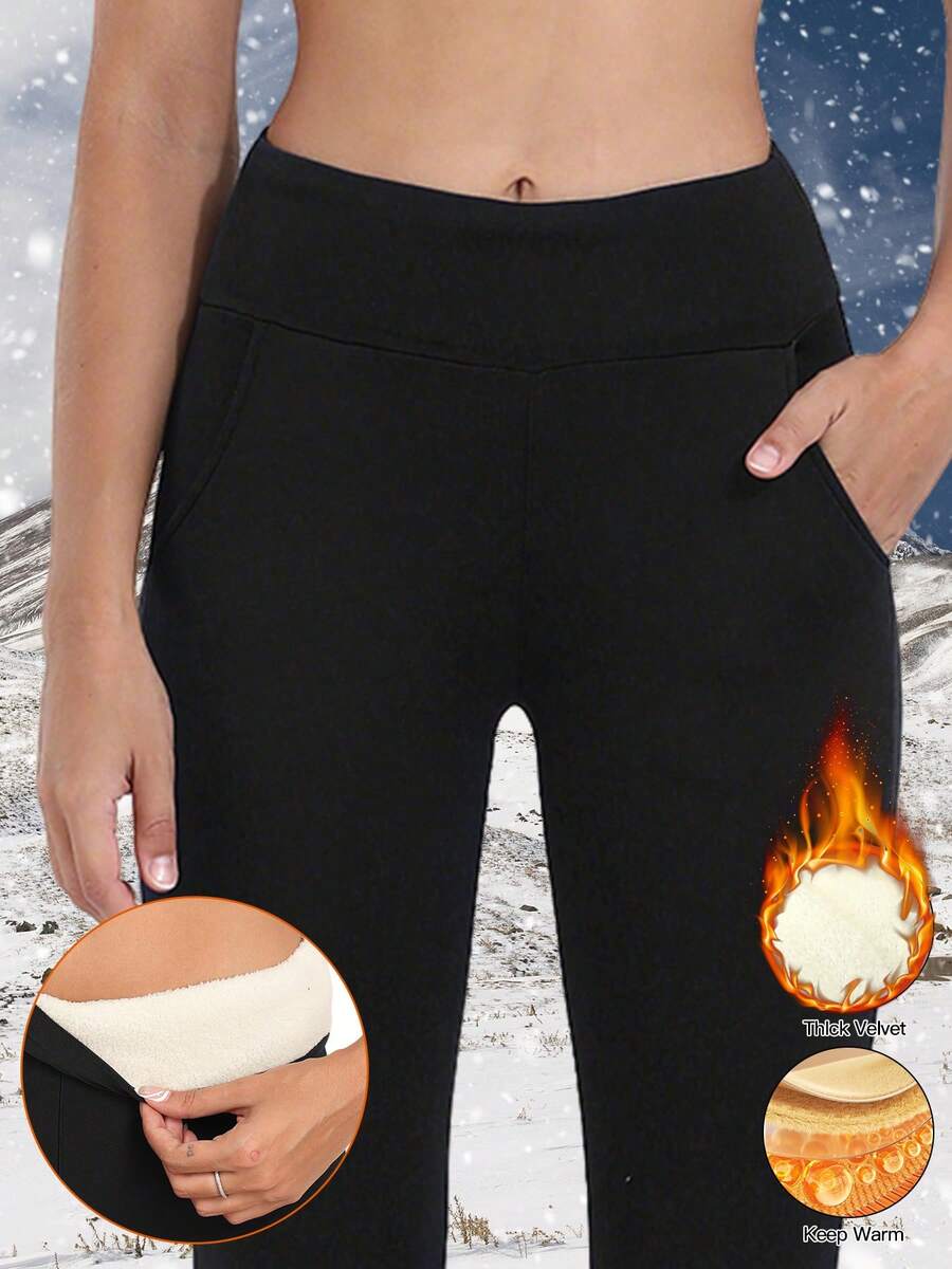 1 pieza Leggings térmicos de cintura alta para mujer en invierno, con bolsillos, lavables a máquina, de tela de punto