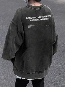 女式学生简约经典复古美式黑色个性化水洗Y2K英文字母印花宽松休闲日常长袖卫衣，返校季春季款 - 黑色 - 查看 3