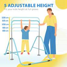 HOMCOM Kids Gymnastic Bar, Foldable Horizontal Bars W/ Adjustable Height, Training Bar W/ Triangle Base - Light Blue - Blue - View 3