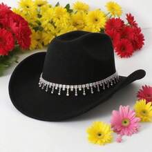 Stylish White Western Cowboy Hat With Rhinestone  Fringe For Party  Vacation - Black - View 5