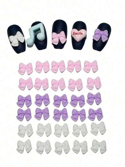 30Pcs Japanese 3D Cute Mini Pink White Blue Mixed Resin Ribbon Bow Nail Art Charms French Princess Ballet Coffin Duck Fairy Daily Bow Tie Finger Nail Diy Decorations Junk Phone Case Accessories Kawaii Manicure Kit Parts Bulk Supply
