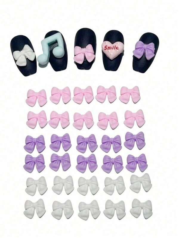 30Pcs Japanese 3D Cute Mini Pink White Blue Mixed Resin Ribbon Bow Nail Art Charms French Princess Ballet Coffin Duck Fairy Daily Bow Tie Finger Nail Diy Decorations Junk Phone Case Accessories Kawaii Manicure Kit Parts Bulk Supply