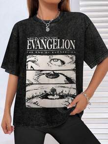 EWH Men's Loose Retro Washed T-Shirt, New Century Evangelio EVA Anime Print, Washed And Worn Loose Casual Short Sleeved ShirtDG004 - 黑色 - 查看 3
