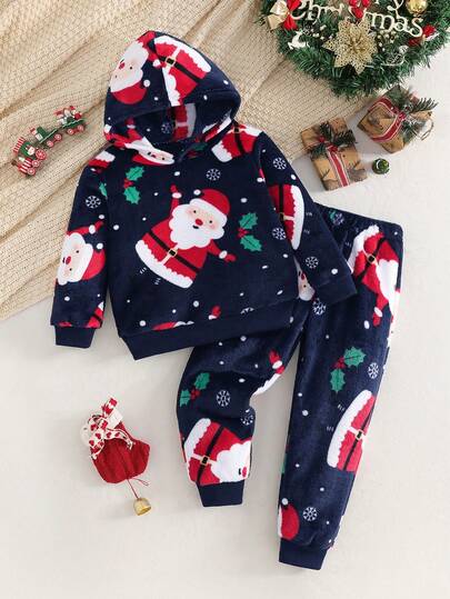 Completo natalizio per bambini! Accattivante per giocare in salotto, raduni festivi! Stampa integrale di Babbo Natale + materiale in flanella caldo, perfetto per l'outfit di Natale e Capodanno