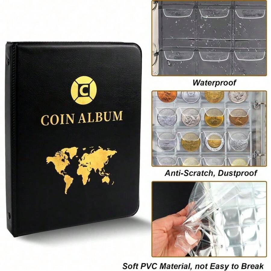 420-Piece Large Capacity Coin Collection Album, Built-In 3 Metal Mechanical Ring Binders, Commemorative Coin Storage Book Coin Album Storage For Collectors, Coin Collection Album Transparent, 26*20*5cm - 黑色 - 查看 1