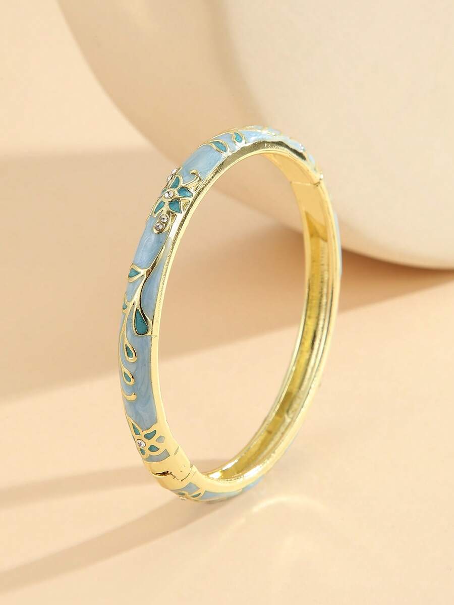 1pc Fashionable New Gold-Plated Floral Pattern Enamel Rhinestone Bracelet, Suitable For Girls And Women - Blue - View 1