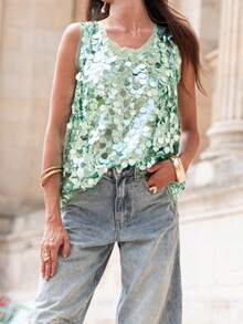 Women's Summer Shiny Sequins Vest Sleeveless Round Neck Fashionable Party Tank Tops - Verde - Ver 4