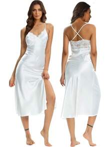 Women Silk Satin Nightgown Lace Chemise Lingerie Long Sleepdress Ladies Sleepwear Slip Negligee - X-白色 - 查看 7