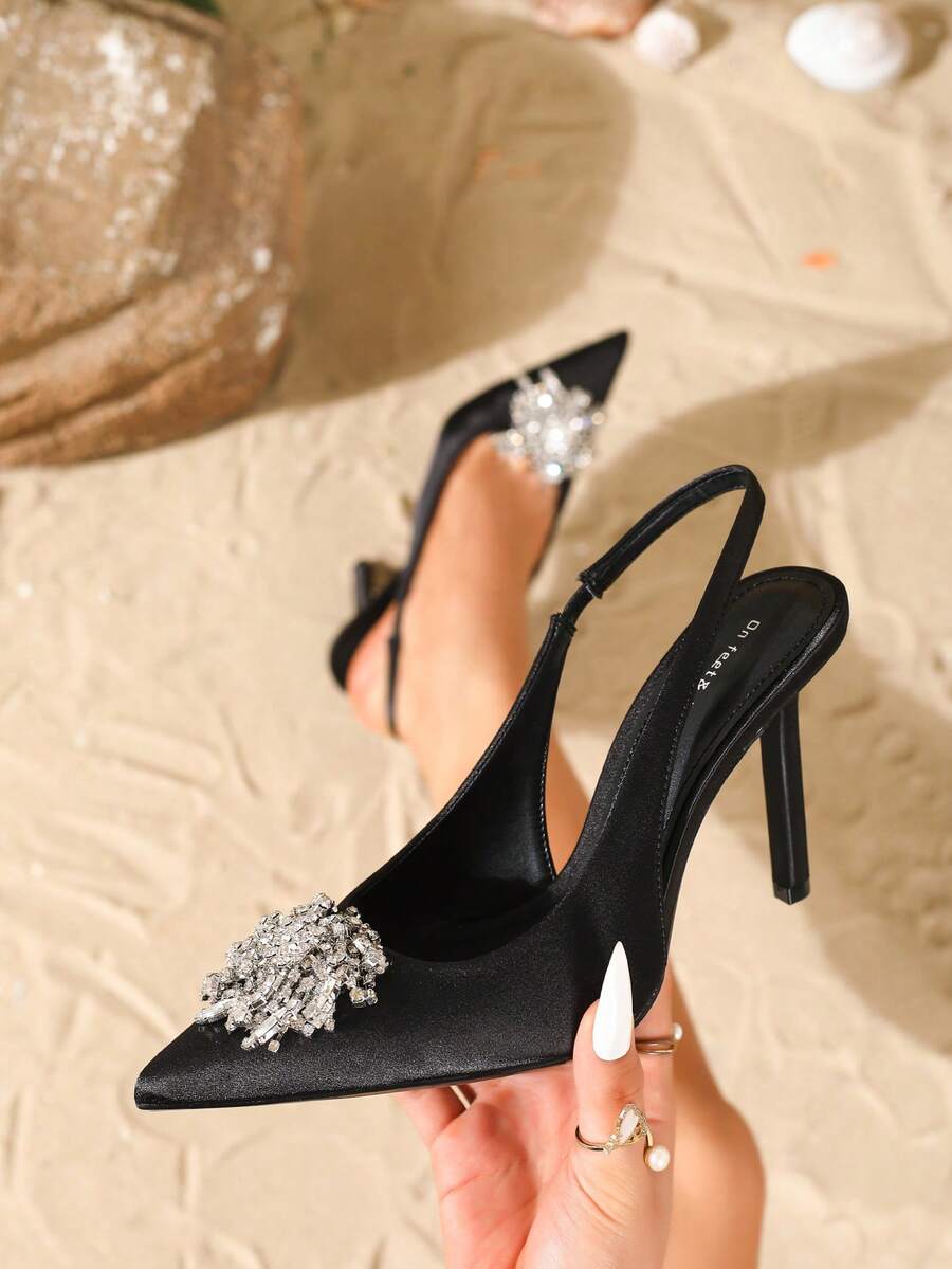 On feet& in love Women's Fashionable & Elegant Rhinestone Flower Decor Backstrap Pointed Toe High Heel Pumps - Black - View 1