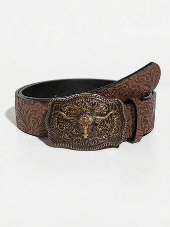 Fashionable Western Cowboy Style Bull Head Buckle Vintage Brown PU Embossed Bull Head Decor Belt