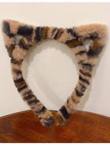 2 piezas Diadema con orejas de gato de felpa para mujer, diadema de felpa con estampado de leopardo y negro a la moda y linda para otoño/invierno, decoración versátil para uso diario, banda para el cabello, aro para el cabello - Multicolor - Ver 3