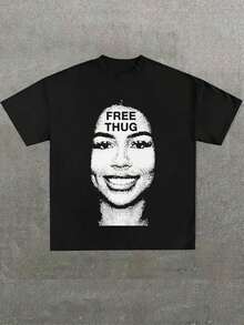 "Free " Portrait Black T -Shirt: Make A Statement With This Bold Design,Casual Digital Print Pure Heavy Cotton T Shirt,220g Cotton T-Shirt,Gift,Summer,Unisex - 黑色 - 查看 1