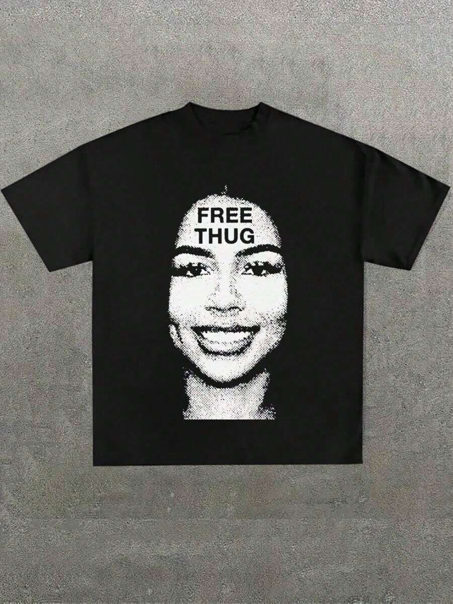 "Free " Portrait Black T -Shirt: Make A Statement With This Bold Design,Casual Digital Print Pure Heavy Cotton T Shirt,220g Cotton T-Shirt,Gift,Summer,Unisex - 黑色 - 查看 1