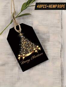48pcs Christmas Gift Tags With Twine - Luxury Gold Christmas Tree Design, Black And Gold Premium Paper Wrapping Stickers, Holiday Decorations, Card Making - Elegant Holiday Tags For High-End Fine Gifts And Crafts, Vintage Style - Black - View 3