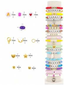 24 Colors 6mm Polymer Clay Flat Disc Beads, DIY Necklace, Bracelet, Phone Strap, Keychain Jewelry Making Kit With Alphabet Discs, Scissors, Elastic String, Metal Charms, Clasps, Bohemian Style Jewelry Set - Multicolor - View 2