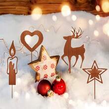 圣诞庭院标志（4 件套）、金属花园桩装饰户外人物、装饰艺术风格节日草坪装饰、自然主题驯鹿、星星、心形和蜡烛，无需电池，落地安装 - 彩色 - 查看 2