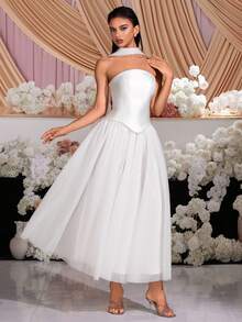 Vestido de fiesta elegante blanco de dos piezas con falda de parche de cinta, cuello halter sin tirantes, cintura alta, espalda descubierta y cordones para graduación, baile de graduación, fiesta de cumpleaños, cita, fiesta de bienvenida, reunión de clase, boda o cena formal