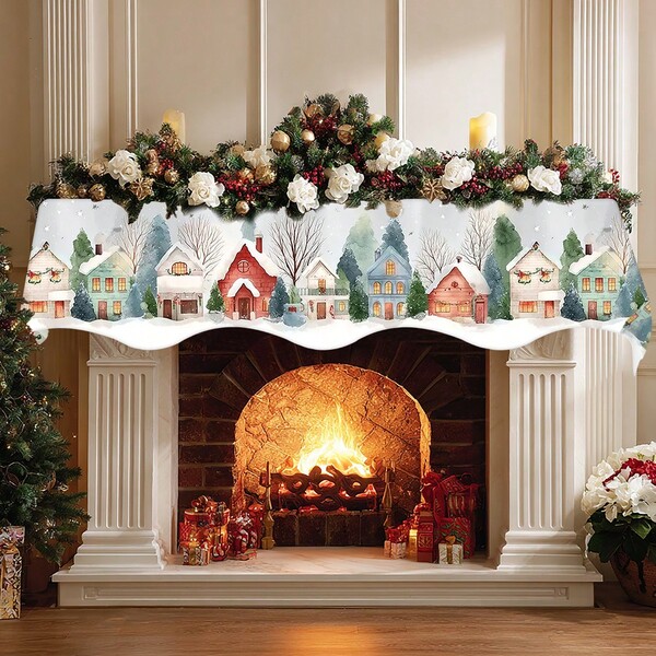 1 peça/72 peças de capa extra longa para lareira de Natal - decoração de lareira de vila de inverno com casas de telhado vermelho nevado, lenço de lareira para lareira, decoração de mesa de jantar de poliéster fácil de limpar para festas, decoração de Natal