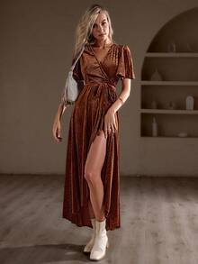 Simplee Women's Autumn/Winter New Brown Velvet Fabric Butterfly Sleeve Tie-Waist Wrap Long Vintage Elegant Dress, Red Christmas Dress, Wedding Guest Dress, Birthday Dress
