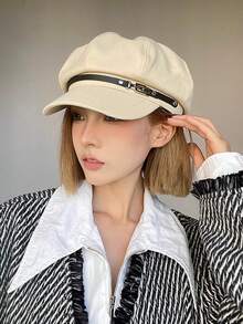 1pc Solid Color Newsboy Cap, Retro Fashion Style Cotton Material, Classic Silhouette With Black Leather Band And Metal Buckle Detail, Flattering Head Shape And Sun-Shading Function, Suitable For Spring/Autumn Daily Outings, Casual Dates And More