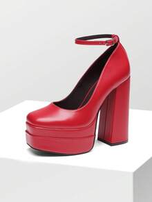 Women's High Chunky Platform Square Toe Heels Pumps Closed Toe Block Ankle Strap Solid Color Dress Fashion Party Y2K Shoes For Fall And WInter - 紅色/PU - 查看 5