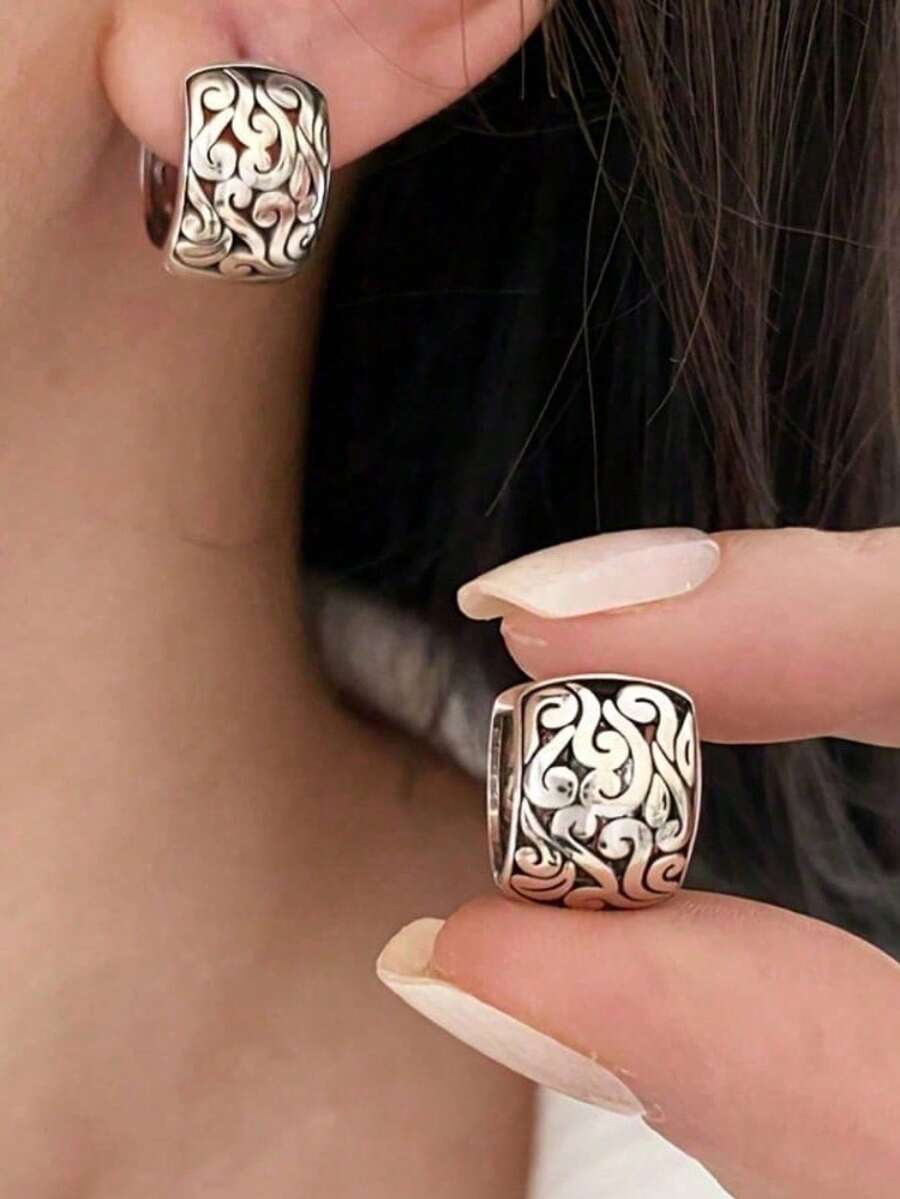 A Pair Of Vintage  Cut-Out Flower Pattern Ring Earrings, Stylish And Simple Design Hypoallergenic Earrings, Elegant Evening Jewelry Accessories For Women's Gifts - 一對 - 查看 1