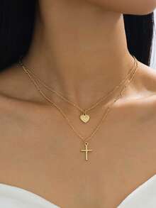 1 pieza Elegante collar de mujer con capas de corazón y cruz de moda, regalo (sin caja)