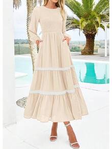 KIRUNDO Smocked Boho Tiered Lace Trim Flowy Maxi Dress Long Dresseshalloween - Màu be - Xem 3