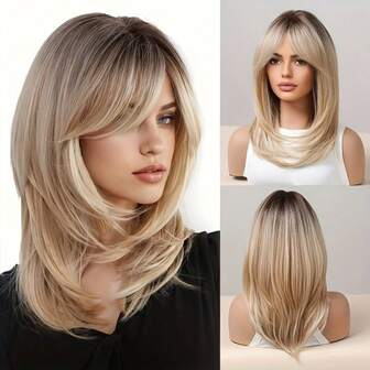 Chic 18 Inch Ombre Blonde To Dark Root Curly Wig With Bangs For Women - Heat Resistant Synthetic Hair, Natural Layered Style, Great For Everyday Wear And Cosplay, Suitable For Daily Wear, Birthdays, Performances, Heat Resistant Fiber, Cosplay, Halloween, Christmas Costumes, Parties, Music Festivals, Weddings, Proms, Select Summer Women's Costume Hairstyles