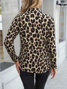 Women's Comfortable Casual Long Sleeve Shirt, Leopard Print Collar Button Shirt, Spring/Autumn - Coffee Brown - View 2