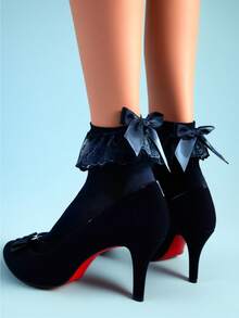 1 Pair Spring, Summer & Autumn Lace Bow Decor Low Cut Socks, Short Socks, Velvet Medium Thick Short Socks For Women, Casual Daily & School Commute Outfits, Halloween & Christmas Festive Outfits