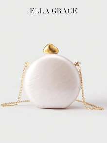 ELLA GRACE - Poșetă rotundă din acril cu perle artificiale, cu închidere asimetrică aurie și curea detașabilă din lanț, poșetă elegantă de seară pentru femei, nuntă și banchet
