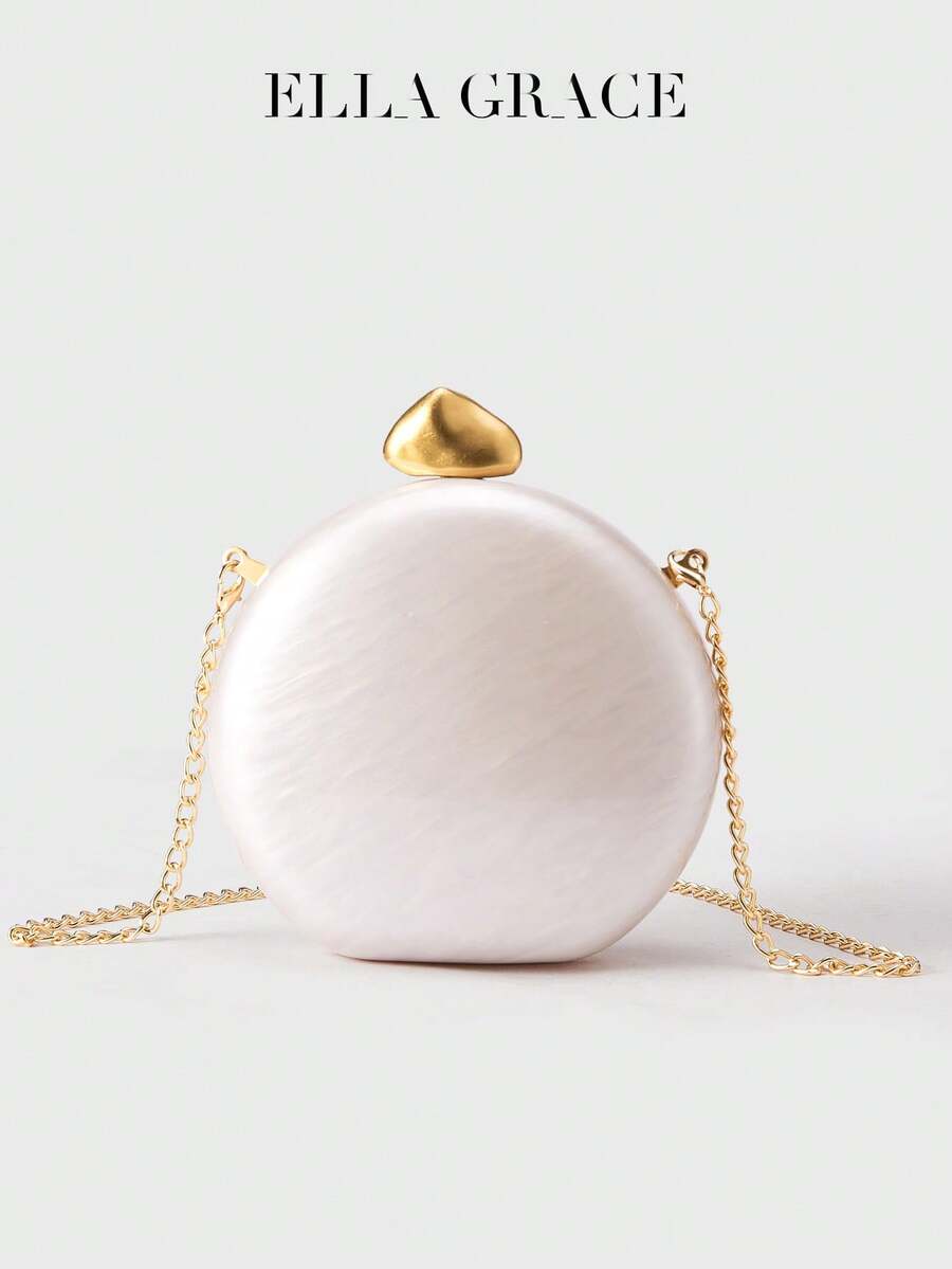 ELLA GRACE - Poșetă rotundă din acril cu perle artificiale, cu închidere asimetrică aurie și curea detașabilă din lanț, poșetă elegantă de seară pentru femei, nuntă și banchet