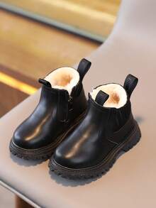 1 par de botas de tobillo bajo para niños pequeños con cierre de cremallera lateral, botas de moda de invierno para niños - Negro - Ver 3