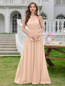 MIUSOL Elegant Women's Sequin Floral Lace Halter Neck Sleeveless Ruched Chiffon Maxi Dress, Perfect For Formal Wedding Guest, Cocktail Party, Bridesmaid, Prom - 香檳色 - 查看 3