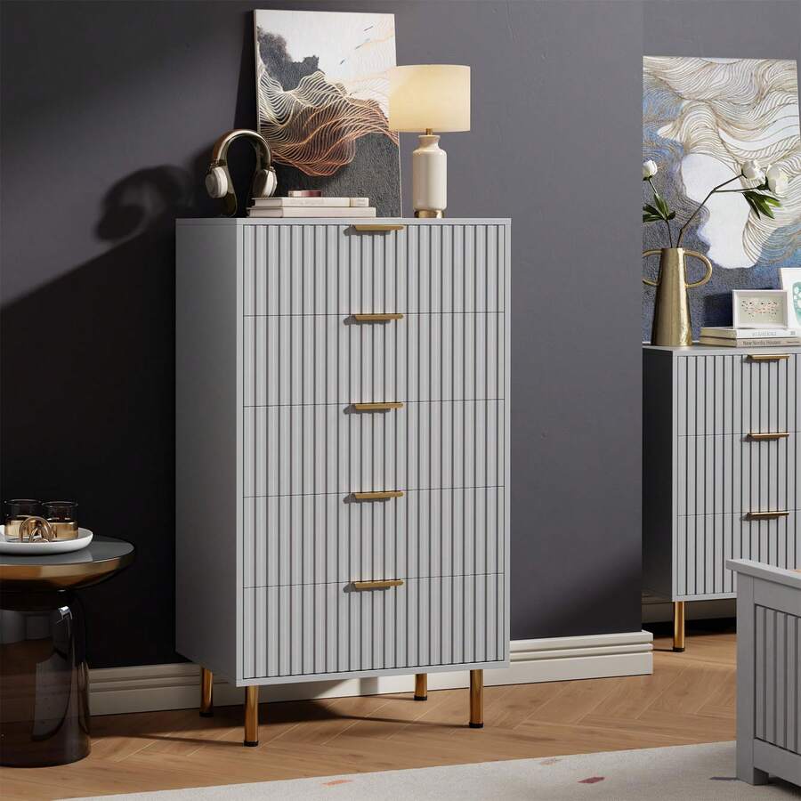 5 Drawer Dresser For Bedroom, 48" Tall Modern Chest Of Drawers With Deep Drawers And Wide Top, Fluted Wooden Dresser Organizer For Living Room, Hallway, Kids Room - Xám - Xem 1