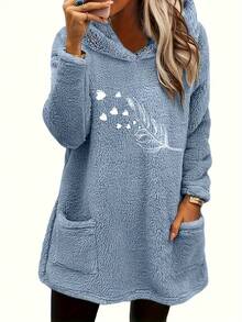 Women's Dusty Blue Sherpa Oversized Tunic Hoodie - Feather Heart Print Long Sleeve Front Pockets Soft Casual Pullover - 混合色 - 查看 1