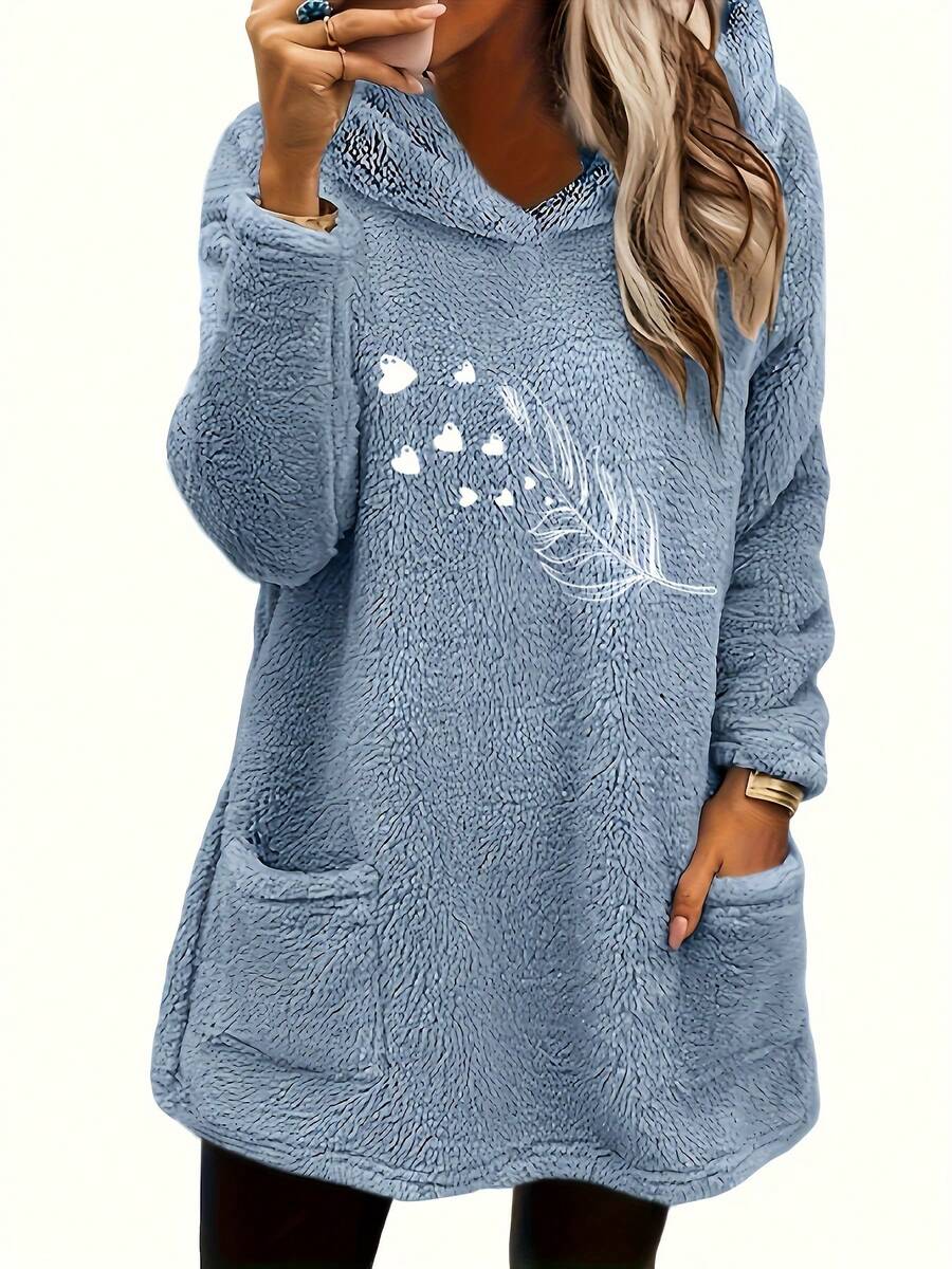 Women's Dusty Blue Sherpa Oversized Tunic Hoodie - Feather Heart Print Long Sleeve Front Pockets Soft Casual Pullover - 混合色 - 查看 1
